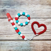 Teal Hearts Paci Clip + Teether +Freezer Teether Combo
